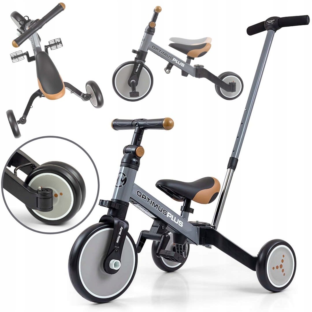 Rowerek 4w1 Milly Mally Optimus Plus Grey Sary + Rączka